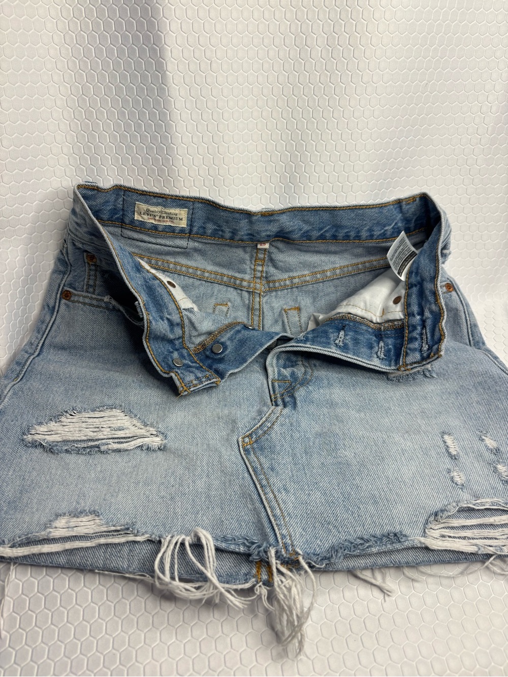 Levi’s Button Fly Light Wash Distressed Denim Mini Skirt